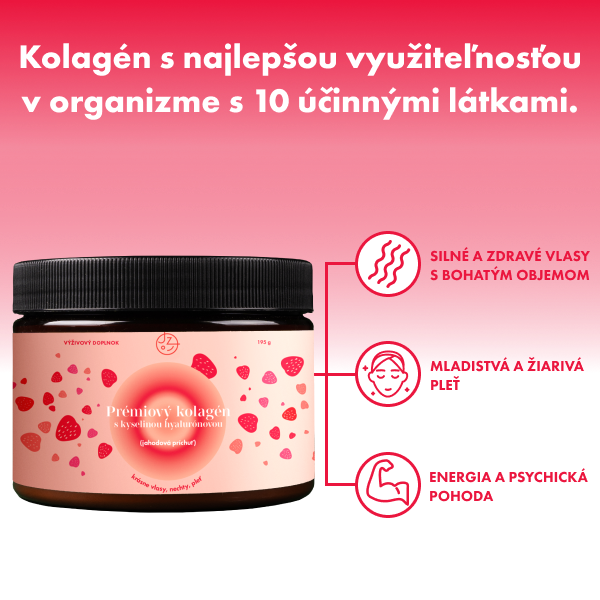 Prémiový kolagén s kyselinou hyalurónovou, vitamínom C a 8 látkami pre krásne vlasy, nechty, pleť (jahodová príchuť) 🍓
