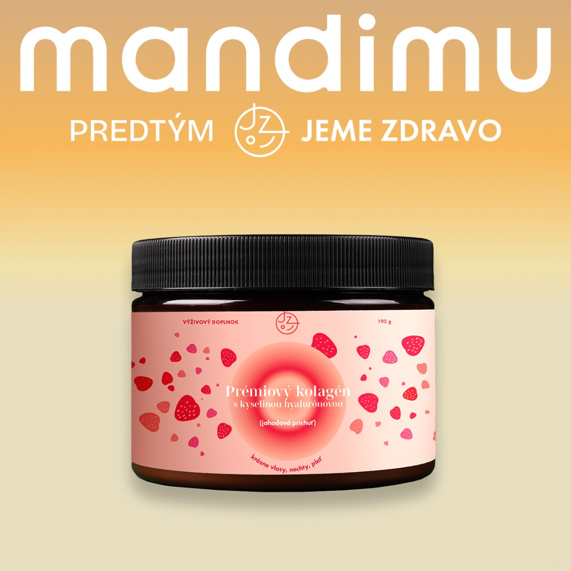 Prémiový kolagén s kyselinou hyalurónovou, vitamínom C a 8 látkami pre krásne vlasy, nechty, pleť (jahodová príchuť) 🍓