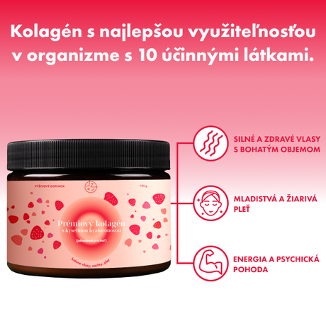 Prémiový kolagén s kyselinou hyalurónovou, vitamínom C a 8 látkami pre krásne vlasy, nechty, pleť (jahodová príchuť) 🍓