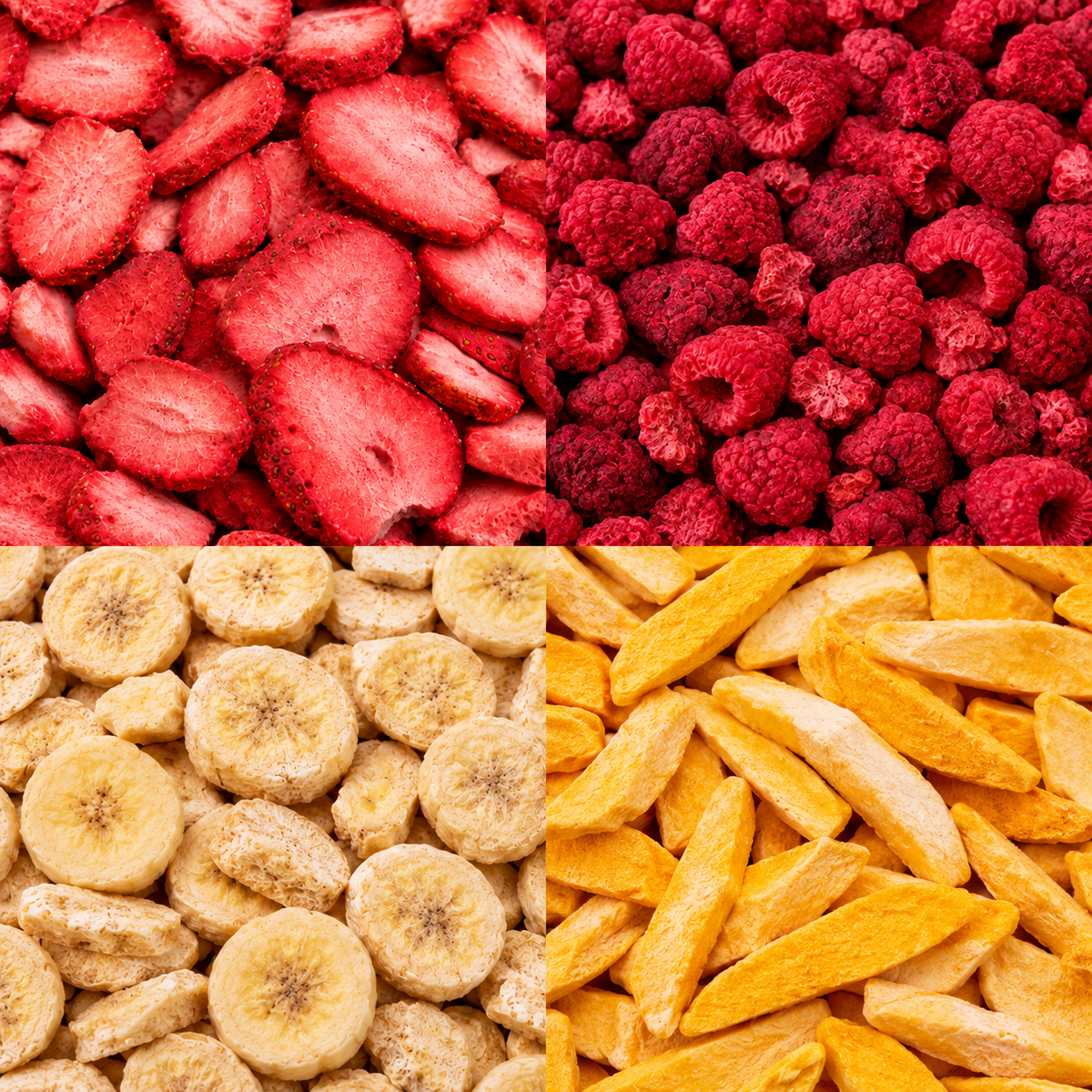 Sada lyofilizovaného (mrazom sušeného) ovocia – jahody, maliny, banány a mango 🍌🥭🍓