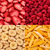 Sada lyofilizovaného (mrazom sušeného) ovocia – jahody, maliny, banány a mango 🍌🥭🍓