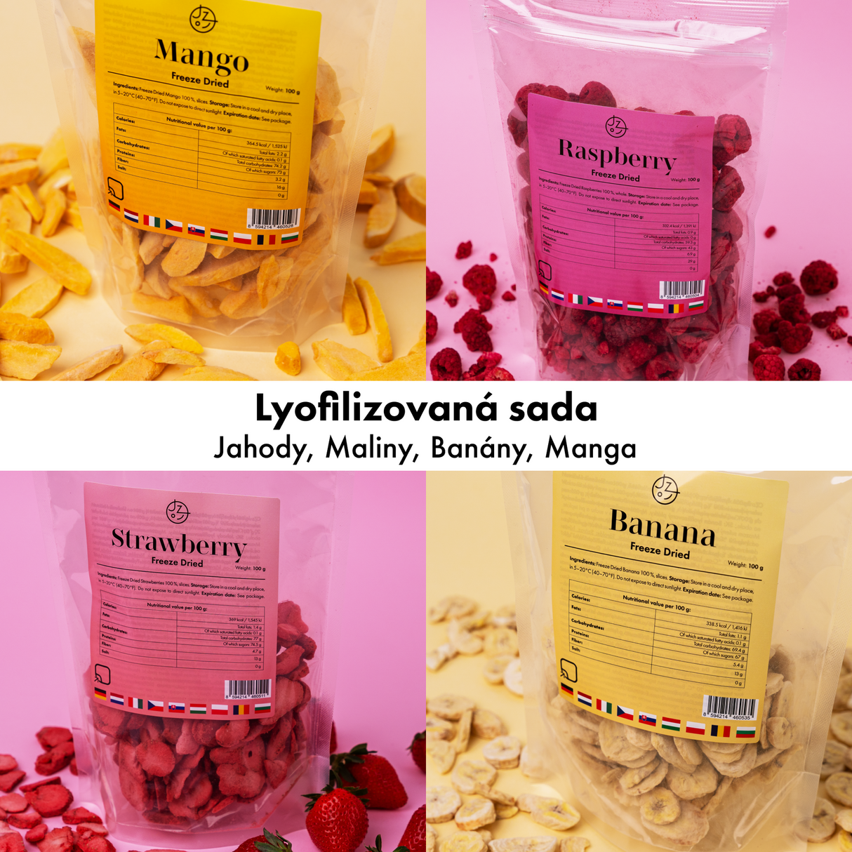 Sada lyofilizovaného (mrazom sušeného) ovocia – jahody, maliny, banány a mango 🍌🥭🍓